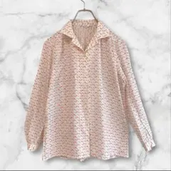 総柄デザインシャツブラウス花柄オープンカラー白ホワイト昭和レトロヴィンテージ古着