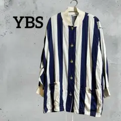 【レトロ】YBS ストライプ柄 ノーカラーブルゾン 金ボタン 綿100% 古着