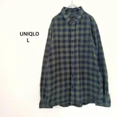 ユニクロ◉長袖シャツ フランネルシャツ L グリーン チェック柄 綿100%