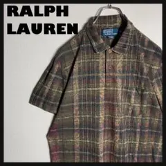 90s RALPH LAUREN ポロシャツ 半袖シャツ 総柄 カーキ M