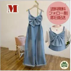 可愛い！リボン デニム サロペット オーバーオール 体型カバー ゆったり Ｍ