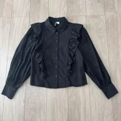 フリル　長袖シャツ　ブラック
