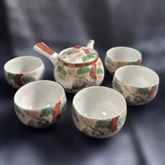 九谷嶺岳 金彩 高砂図 茶器セット（急須1・湯呑5客）【縁起物/九谷焼】