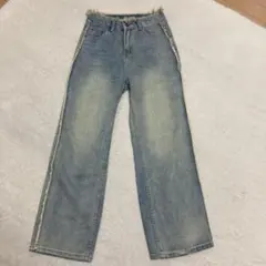 フリンジデニムパンツ サイドフリンジ カットオフデニム ワイドデニム M