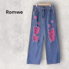 Romwe ピンク クラッシュ加工 ワイドデニムパンツ ジーンズ Sサイズ