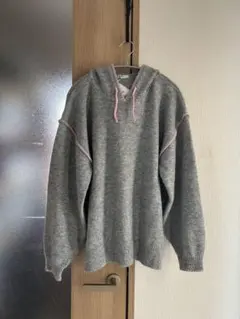 ステッチパーカーニット　グレーピンク