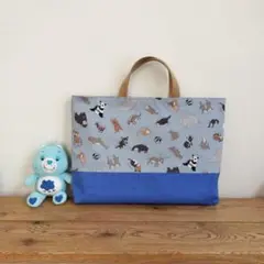 ハンドメイド☆　レッスンバッグ・手提げ　アニマルズ　帆布ブルー