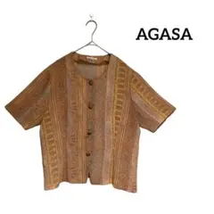 【AGASA】ノーカラー総柄シャツ五分丈　M レナウン　日本製 レトロ　金ボタン