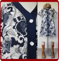 古着♪レトロ・紺白サイケポップ花柄モッズワンピ♪70年代60年代ヴィンテージ昭和