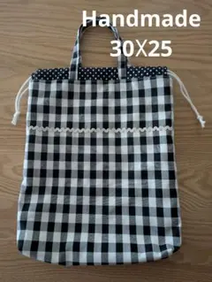 ハンドメイドNo.29 ギンガムチェック黒　巾着トート　体操服　シューズ　通園