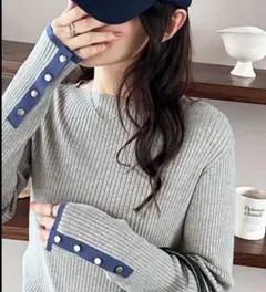 袖口ボタン配色ボートネックリブカラーニット
