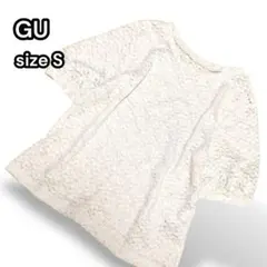 ジーユー レディース 総レースブラウス ノーカラー 半袖 花柄【S】オフホワイト