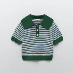 ZARA ボーダー サマーニット ポロシャツ 半袖 花　襟S ビジュー