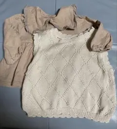 90サイズベージュ フリル襟 トップス レース編みベスト２枚セット