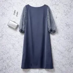 ラクレ パーティドレス オケージョン レース袖 ブルーグレー 結婚式 二次会