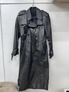 牛革100% レザートレンチコート ブラック ロング ベルト付き ヴィンテージ