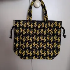 ミモザ柄巾着トートバッグ　 黒地 黄色　ハンドメイド