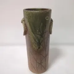 信楽焼 花瓶 筒型 耳付き 草紋様