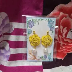 黄×金の水引梅結び(カメリア)ハンドメイドピアス