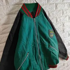 スタジャン ブルゾン 背面 パイルロゴ刺繍 デニム風生地 グリーン L相当
