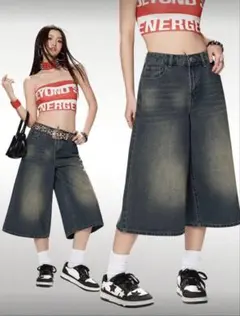 ダークブルーワイドレッグデニムパンツ