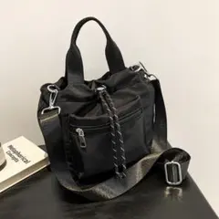 ショルダーバック 巾着型 2Way 大容量 ブラック