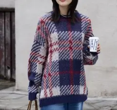 ネイビー レッド チェック柄 ニット MですがＬぐらいなダボ感　男女問わず