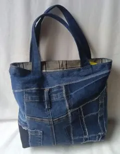 デニムパッチワーク　ミニトートバッグ チェック
