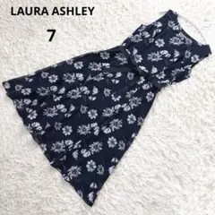 ローラアシュレイ 花柄 ノースリーブ ワンピース ネイビー S ウエストリボン付