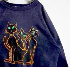 90s ヘインズ 黒猫 アニマルスウェット 墨黒 エメラルドグリーン XLのサムネイル
