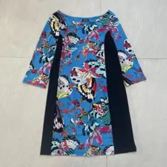 ワンピース バタフライ 蝶々柄 アート モード 鮮やか ブルー×ブラック S