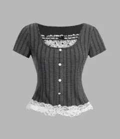 グレー ストライプ 半袖 シャツ 夏服‪‪ ブラウス