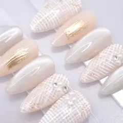 967ネイルチップSサイズ 韓国 上品 チェック ビジュー　マグネット　ベージュ