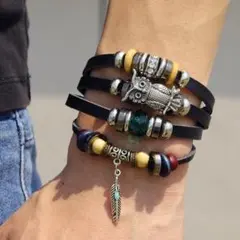 多層 本革 レザーフクロウ ブレスレット メンズ ラップ ロープ #C859-3