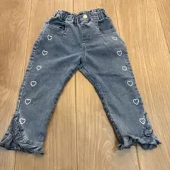 ハート刺繍 デニムパンツ フリル裾　100