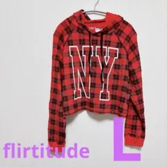 【美品】flirtitude【L】NYプリント ショート丈パーカー✨赤黒チェック