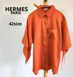 極美品 シャネル 長袖シャツ 40 オレンジ系 シルク ノーカラー ココ 