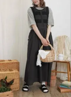 Samansa Mos2サマンサモスモス　レース貼りエプロンワンピ　チャコール