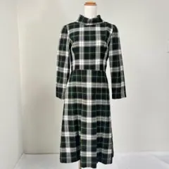 ヴィンテージ ハイネック チェック柄 長袖 ロングワンピース グリーン Y611