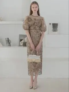 フラワーディテールパフスリーブIラインワンピースドレス結婚式二次会パーティー