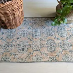 45×77 ベージュ地グリーン紋章柄　トルコヴィンテージラグ（ミニサイズ）