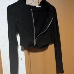 GYDA 黒 スパンコール ジッパー クロップトップ