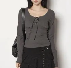 FOLLOWIN ハーディアイレットリボンポケットフィットリブᎢシャツカットソー