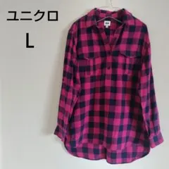 ユニクロ ブロックチェック フランネルチュニックシャツ 濃ピンク／ネイビー Ｌ