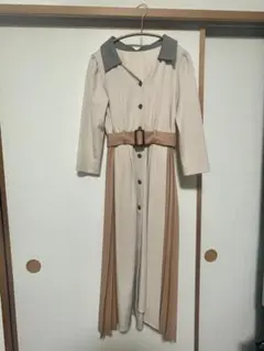 REDYAZEL 配色サイドプリーツワンピース ベルト付き バイカラー