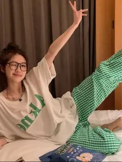 ルームウェアセット ホワイト・グリーンチェック