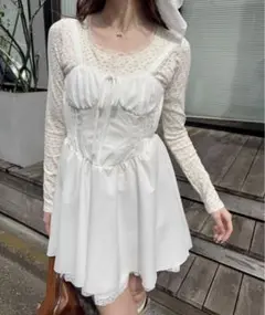 Loueme レースピンタックフレアワンピース ホワイト