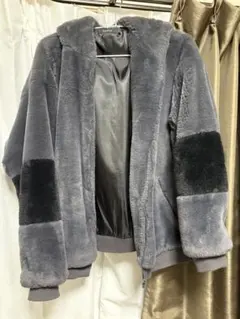 グレー フード付き ファー ジャケット Lサイズ