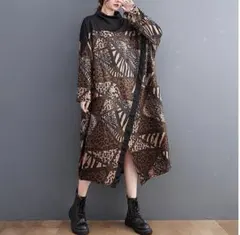 スリット　大きいサイズ レディース ワンピース　春 秋冬 新品 長袖　ブラウン