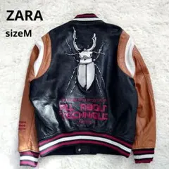 【良品】ザラ ZARA　スタジャン 黒・ブラウン　水牛皮革 クワガタ刺繍 M